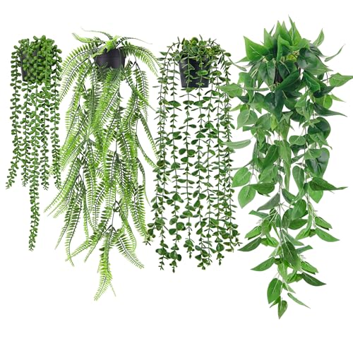 Der Rose 4Pcs Fake Plants Hanging Artificial Ivy Vine Faux Eucalyptus Hanging Plants, Boston Fern, String of Pearls for Living Room Bedroom Boho Wall Shelf Indoor Outdoor Decor