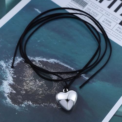 Aneneiceera Vintage Geschichtet Leder Herz Choker Halskette Schwarzer Samt Silber Puffy Herz Anhänger Halskette Lange Wildleder Binden Bis Choker Schmuck Für Frauen Mädchen