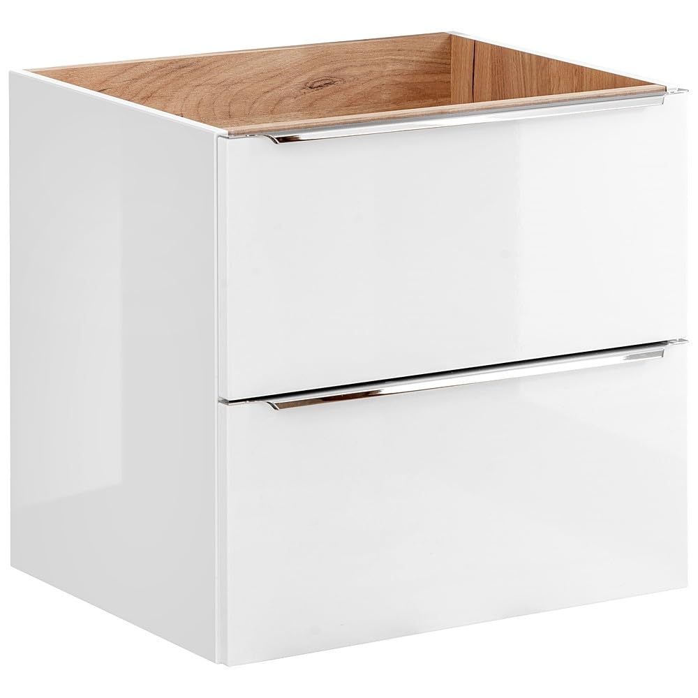 Lomadox Doppel-Waschtisch Set, Unterschrank Hochglanz weiß Wotaneiche, 2 Keramik-Waschbecken, 4 Softclose-Schubkästen, Regal, B/H/T ca.: 141/74,5/46 cm