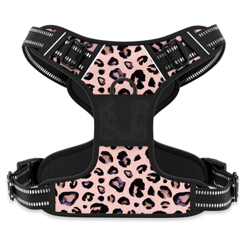 Rnivvi No Pull Dog Harness, Cute Leopard Reflective Medium Sized Puppy Kitten Harness, Adjustable Soft Padded Vest for Medium Dogs, Heavy Duty Pet Vest with Easy Control Handle for Walking, Pink