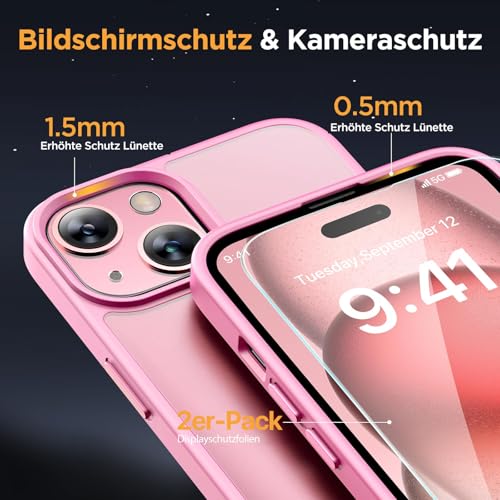 Coque iPhone 15 rose mat avec verre blindé antichoc Miracase - 6