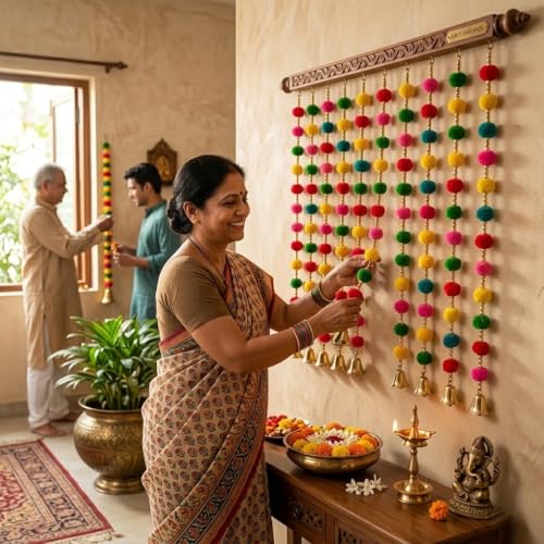 Image of Bindian Multicolor Pom Pom Beads & Golden Bell Toran for Main Door, Pack of 5 Door Hanging Decorative Items, Home Decor Wall Hanging Decoration, Pooja Room Decor, Festival Decoration