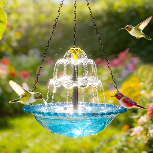 Hanging Solar Bird Bath Fountain - 3 Layers Outdoor Hanging Bird Bath with Solar Fountain Hanging Bird Bath with Flowing Water for Outdoors Patio Backyard Lawn Garden Decor (Blue).