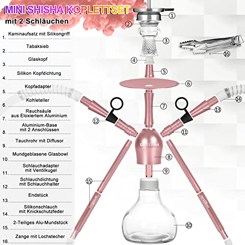 Mini Shisha Set, 42cm Hookah to go 2 Schläuche 2 Anschlüsse, Aluminium Wasserpfeife Set Klein, Reise Shisha Komplett mit… – Bild 3