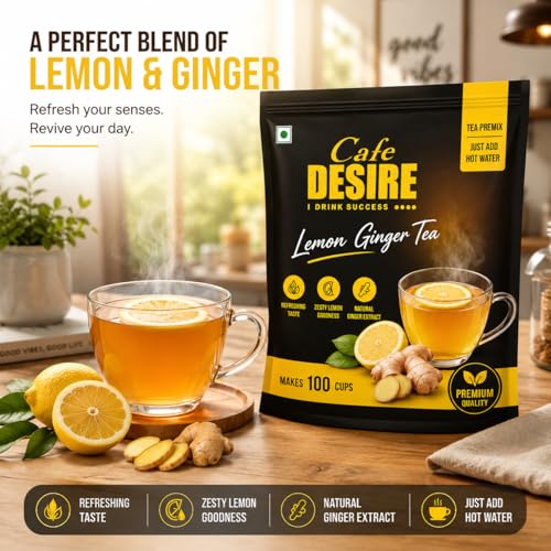 Image of Cafe Desire I Drink Success Lemon Ginger Tea Premix 1 kg | Instant Black Tea with Lemon & Ginger | Makes 100 Cups | Just Add Hot Water | Beverage Premix for Office Home & Vending Machine - CD167