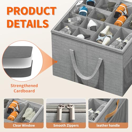 Aokeyee Shoe Storage Organizer for Closet, Large Shoe Box Storage Containers with Clear Cover and Reinforced Handles, Foldable Shoe Storage Organizer Box Bin, Fits to 12-16 Pairs, 2 Pack (Grey)