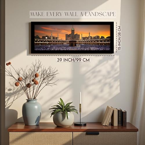 Image of PAINTINGMANTRA Makka Madina Kaaba Islamic Arabic Landscape Wall Art Framed Luxury Paintings for Home Decoration, Living room, Bedroom and Office Decoration (99x38 CM)