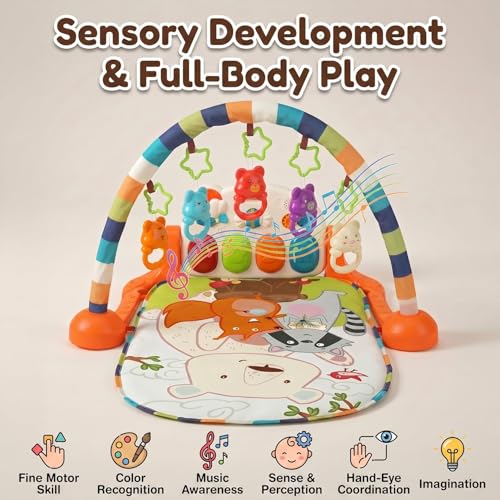 Image of StarAndDaisy Baby Play Gym mat, Kick & Play Gym mat with Adjustable Piano for Baby, Infants & Toddler Gym /Play mat with Hanging rattles Toys Music & Light - Orange
