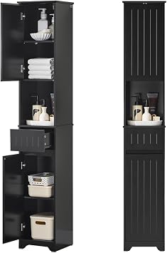 SoBuy Bathroom Storage Cabinet Adjustable Shelves, Tall Narrow, Black | Narrow Bathroom Storage Cupboard With Multi Storage Shelves, Ideal Organizer For Small Bathroom Gaps, BZR109-SCH