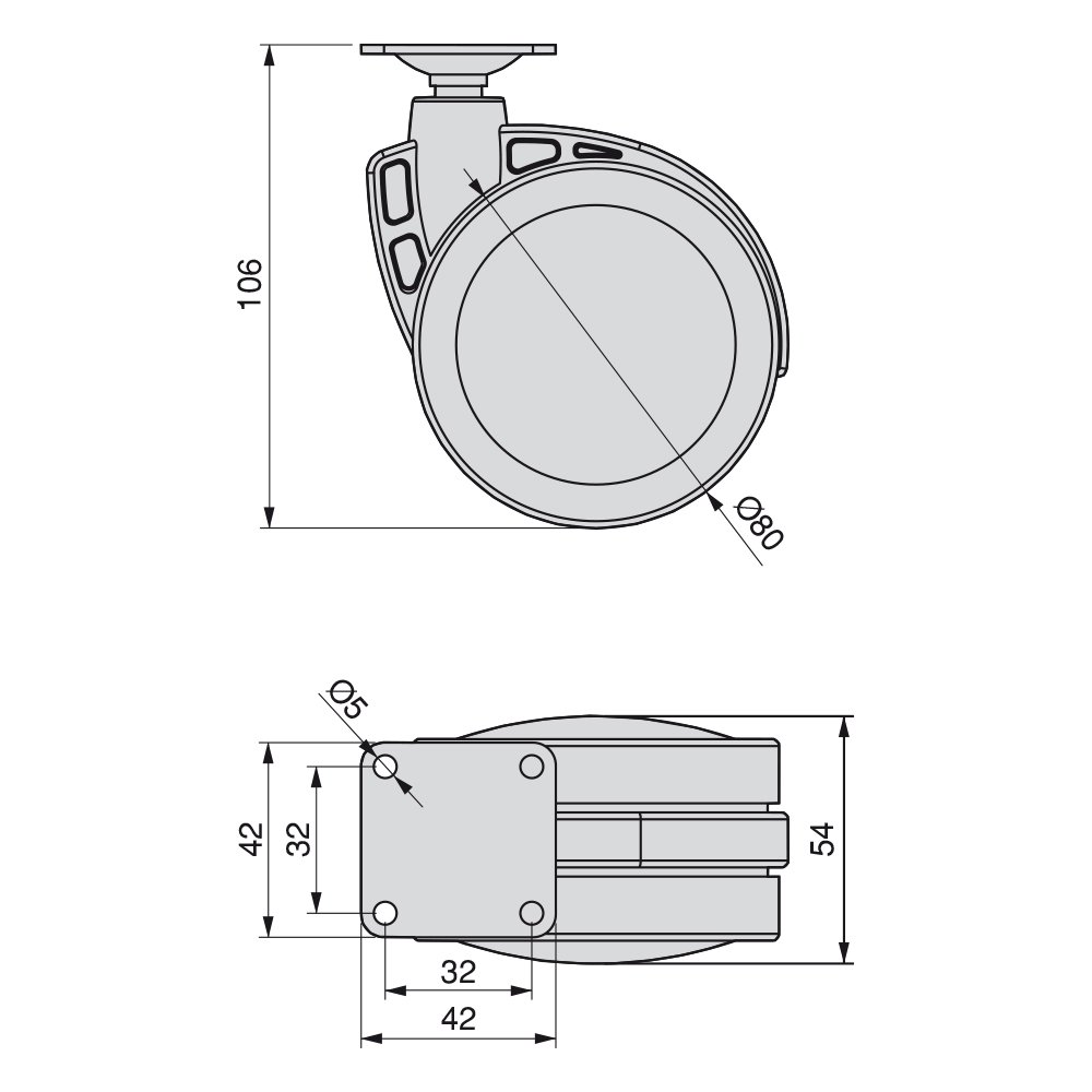 Emuca - Ruedas pivotantes para mueble - 80mm con placa de montaje y rodamiento de bolas, Gris, Set de 4 Piezas (2 con freno y 2 sin freno)