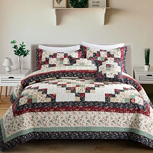 Niudécor Home Genuine Patchwork Quilt Sets 100% Cotton Queen Size Bedspread Reversible Vintage Plaid Floral Red Coverlet Bedding Sets 3 Piece #TOP24