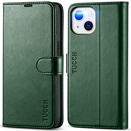 Image of TUCCH Wallet Case for iPhone 13 (6.1 inch) 2021, Flip Stand, Midnight Green | RFID Blocking, 3 Card Holders, Kickstand, PU Leather, Shockproof TPU Shell, Magnetic Closure, Protective Folio Cover