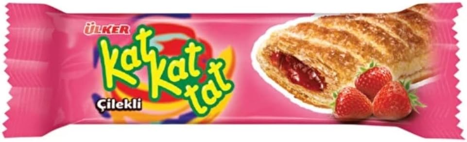 Ulker Kat Kat Tat Puff Pastry With Strawberry Flavoured Cocoa Cream Filling 28 Gr (24 Pack )