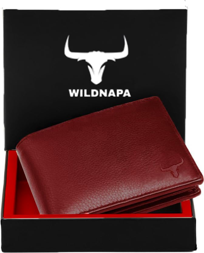 Image of WILD NAPA RFID Protected Brown Genuine Leather Wallets for Men (R-red)
