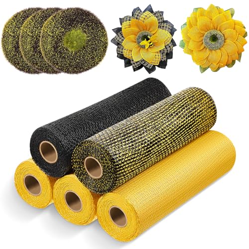 Yuxung 10 Pcs Poly Burlap Mesh 10 Inch and Disc Florets of Sunflower Center Set Wreath Includes 5 Roll Black Yellow Mesh and 5 Pcs Foam Sunflower Head for DIY Bee Wreath Decoration Party Supplies