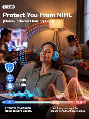 Image of Dr.meter Noise Reduction Ear Muffs, Ear Protection Noise Cancelling Headphones for Adults, Kids Autism Sensory, 31dB Hearing Protection Earmuffs for Shooting Gun Range, Mowing, Fireworks, Blue