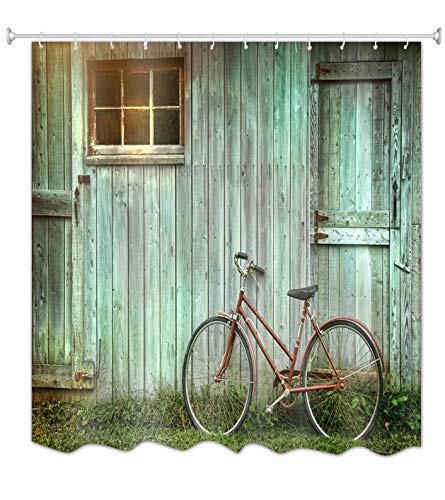 A.Monamour Duschvorhänge Altes Fahrrad Gelehnt Gegen Grunge Grüne Scheune Holzbohlen Tür Retro Bild Druck Lang Verdicken Polyester Wasserdicht Mehltau Resistent Duschvorhang, Nicht Peva 180X200 cm