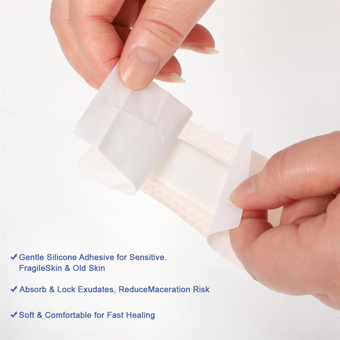 Silicone Foam Dressing Wound Dressing Bandage with Adhesive Border 5Pack Super Absorbent Bed Sore Patches Waterproof Silicone Foam Pads for Wound Care Pressure Ulcers — Amazon image 3