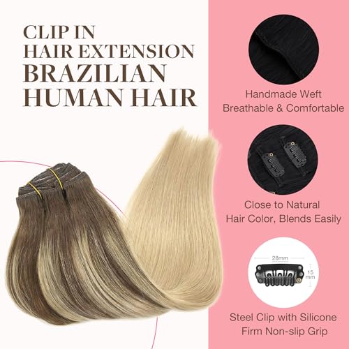 Image of GOO GOO Clip in Hair Extensions Real Human Hair, Remy Human Hair Extensions Clip ins for Women, Natural Human Hair, 18inch 120g 7Pcs, 4 /18 Balayage Chocolate Brown Highlighted Dirty Blonde