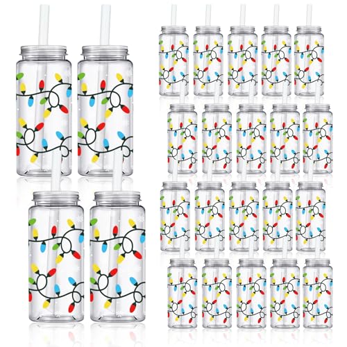 Whaline 20Pcs Christmas Plastic Cups with Lids and Straws Light Bulb Clear Party Drinking Cups Xmas Winter Reusable Tumblers for Holiday Party Supplies