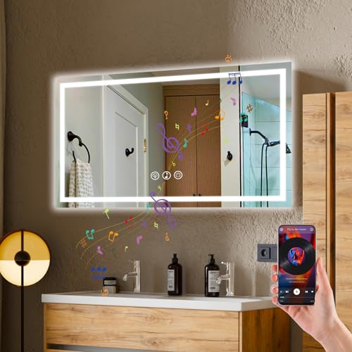 Simusi 600X1000MM Bluetooth LED Bathroom Mirror with Lights– Illuminated Bathroom Vanity Mirror with LED Lights, Anti-Fog Wall-Mounted Light up for Makeup, 3-Color Dimmable, IP44, Tempered Glass