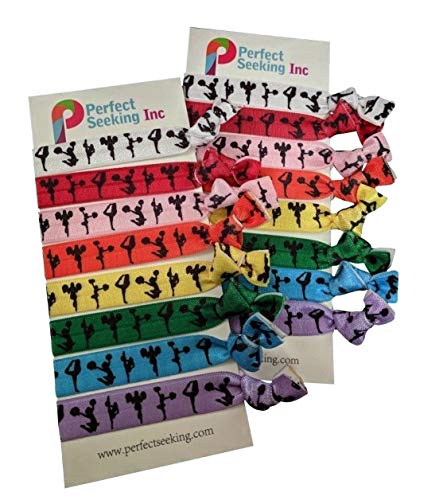 Cheerleading PomPoms Silhouettes Hair Elastics Ribbon Ties (2 Cards,16 Hair Ties) Girls Pom Poms School Team Sports