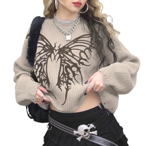 Pokn Y2K Butterfly Sweaters Pullover Graphic Sweaters Casual Emo Sweaters Aesthetics Sweater Knitwear Gothic Sweaters cover