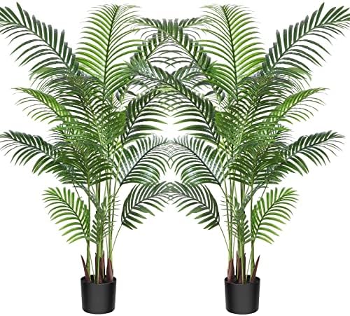Ferrgoal Artificial Palm Plants 5.2 Feet Fake Areca Palm Tree Faux Plants in Pot Fake Dypsis Lutescens Plants for Home Office Indoor Outdoor Modern Decor Housewarming Gift 2 Pack Green