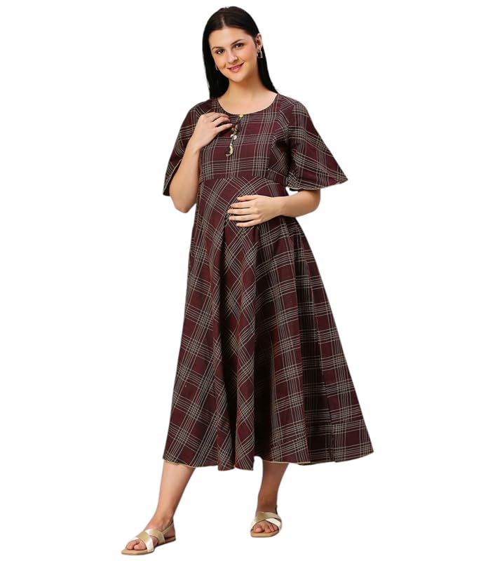 Image of DUMMY SHAPE Feeding Nighty | Maternity Dresses for Women Cotton Blend | Floral Pink Anarkali Kurta with Dual Nursing Zippers for Pregnancy & Breastfeeding | Gifts for Pregnant Women (