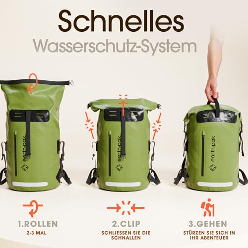 Foto von Earth Pak Summit Serie wasserdichter Rucksack, Backpack mit leistungsstarkem Reißverschluss und Rolltop, wasserfester Handyhülle Grün 55L