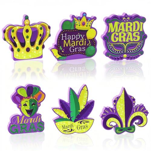 6 Pcs Mardi Gras Table Decorations Carnival Wooden Table Centerpiece Sign Mardi Gras Tiered Tray Decor for Home Room Kitchen Mantel Masquerade New Orleans Style Party Favors Decor Supplies
