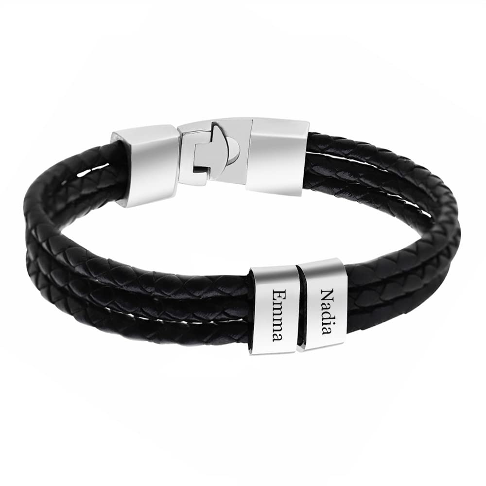 Yitoes Pulsera Personalizada para Hombre con 1-5 Nombres Grabado Pulsera de Cuero de PU Regalo para el Día del Padre Navidad