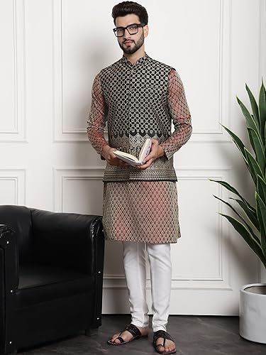Image of SOJANYA (Since 1958 Men's Jacquard Silk Kurta and Pyjama with Nehru Jacket