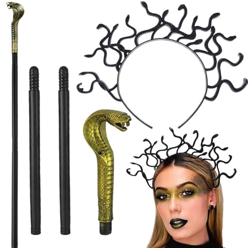 Photo de YEWCEP Lot de 2 costumes de Medusa - Mcepter - Medusa - Bandeaux serpentine - En plastique - En forme de Medusa - Pour fête, cosplay, Halloween, Medusa - Unisexe (noir + doré)