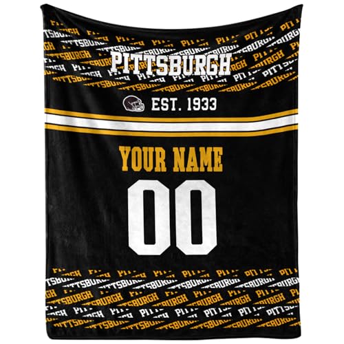 Pittsburgh Throw Blanket Custom Football Blanket with Name and Number Personalized City Football Lovers Fan Gifts Soft Fleece Flannel Blanket for Sports Fan Men Boys Kids