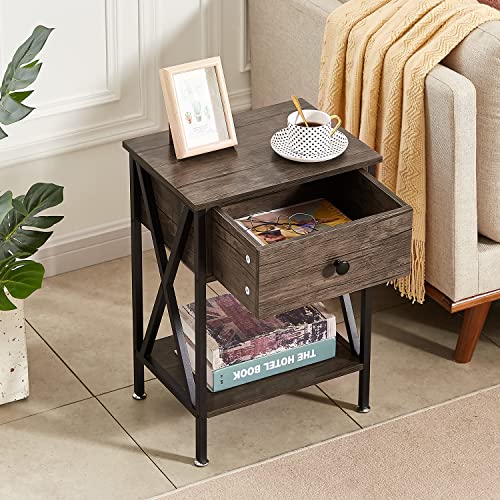 Image of VECELO Nightstand,Modern Bedside End Table, Night Stand with Drawer and Storage Shelf for Living Room Bedroom, Industrial Metal Frame