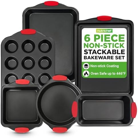 NutriChef Baking Set - 6 Piece Bakeware with Nonstick Carbon Steel for Easy Release and Cleanup, Durable and Versatile Design, Includes Cookie Sheet, Loaf Pan, Muffin Tin & More