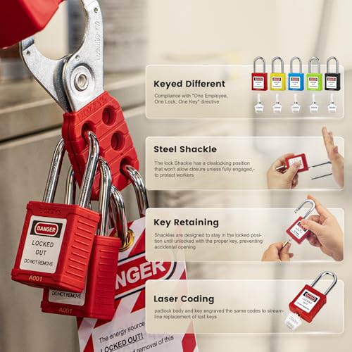 Image of Lockout Tagout Locks 6-Pack|OSHA Purple Loto Locks Keyed Different|2 Keys /Lock for Industrial Machinery & Electrical Panels|Chrome Steel & Laser Coding