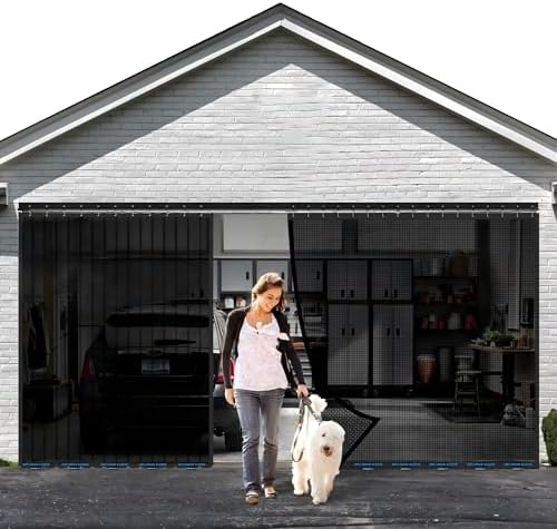 Sliding Garage Door Screen 16x7FT for 2 Car Garage Doors, 2026 New Upgraded Magnetic with Track Closure, Heavy Duty Mesh and Weighted Bottom, Retractable (Black, 16 * 7FT)