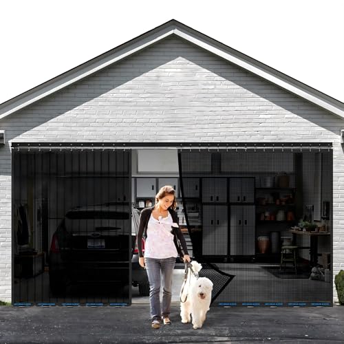 Sliding Garage Door Screen 16x8FT for 2 Car Garage Doors 2026 New Upgraded Magnetic with Track Closure Heavy Duty Mesh and Weighted Bottom Retractable (Black 16 * 8FT)