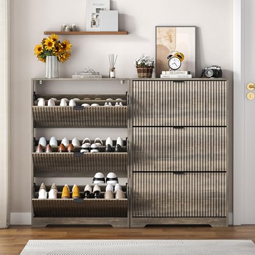 Image of HUANLEGO Shoe Cabinet Storage for Entryway with 3 Flip Drawers, Grey Fluted Shoe Cabinet with Adjustable Shelves, Wooden Hidden Shoe Rack Freestanding Narrow Slim Shoes Storage for Hallway, Entrance