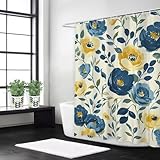 Cortina Ducha 200x180 Azul Cortinas de Baño, Poliester Lavable, Impermeable Shower Curtain Secado Rápido con 12 x Ganchos, para Bañera y Ducha, Flor, y109l