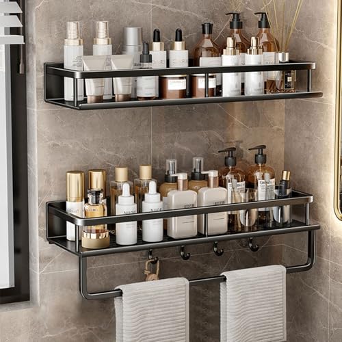 Paquete de 2 estantes de ducha sin agujeros – 40 cm – De acero inoxidable – Con toallero y 4 ganchos – Para dormitorio, salón y cocina – Negro
