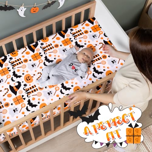 Image of UOMNY Halloween Pumpkin Crib Sheet for Boys Girls Pumpkin Ghost Fitted Crib Sheets for Standard Crib 52 X 28 Inch Toddler Crib Mattresses Sheet