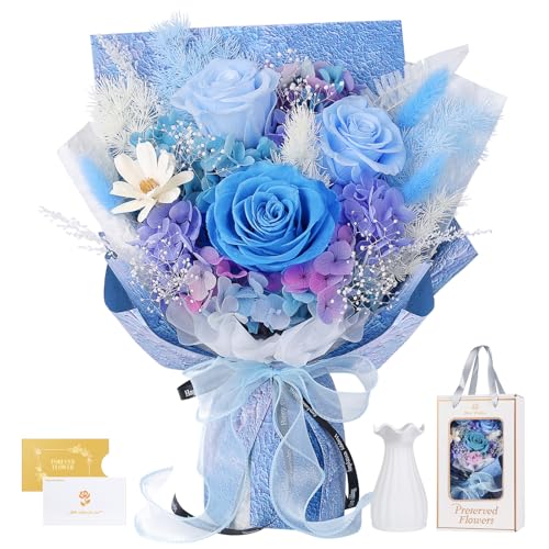 Preserved Flowers Bouquet 3 Roses - Blue Real Rose & Flowers for Delivery, Long-Lasting Flower with Gift Box, Eternal Roses Bouquet for Mothers, Mom, Wife Anniversary Birthday Gifts for Women and Men