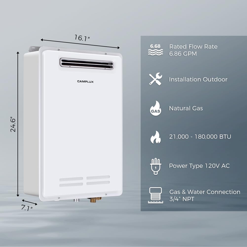 Natural Gas Tankless Water Heater, Camplux On Demand Hot Water Heaters  Whole House, 6.86 GPM, Outdoor - Amazon.com