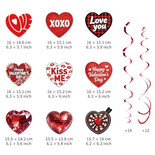 Image of 48 Pcs Red Heart Hanging Decor Set with Diamond, Disco Ball, Dartboard & XOXO Designs - Romantic Swirl Streamers for Valentine's Party, Anniversary, Holiday Celebration