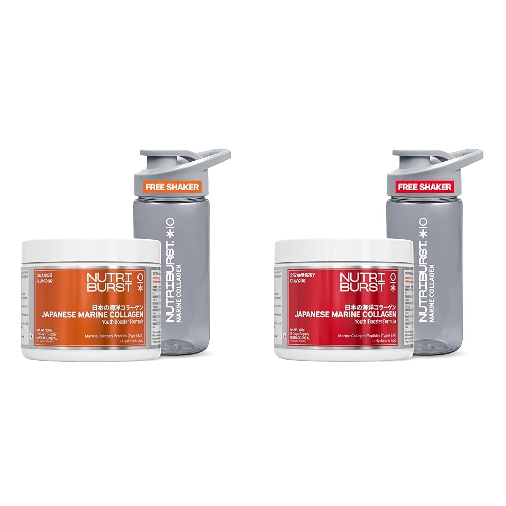 Nutriburst Japanese Marine Collagen Powder (Type I & III), 100g with 300ml Bottle | For Skin, Hair, Nails & Joints | Orange and Strawberry Flavor | High Absorption Collagen for Men & Women | Pack of 2-image-20