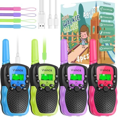 Vvinca Walkie Talkies for Kids Rechargeable 4 Pack, 3 Mile Walkie Talkie Long Range, Christmas Birthday Gift for Age 3-12 Boy Girl with Flashlight 22CH 2 Way Radio for Adventure Camping Outdoor Hiking