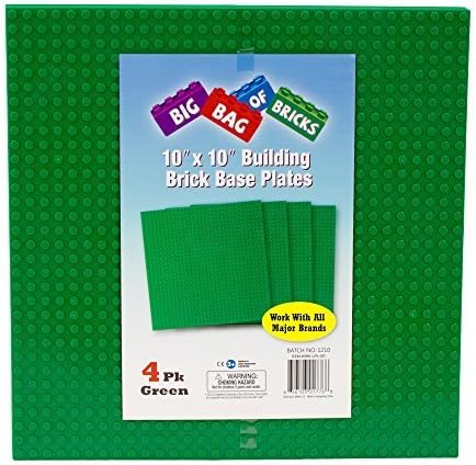 SCS Direct Brick Building Base Plates - Large 10"x10" Green Baseplates(4pcs) - Dual Connectivity Connects Building Blocks on Both Top and Bottom Sides, Tight Fit w All Brands, Perfect for Play Tables